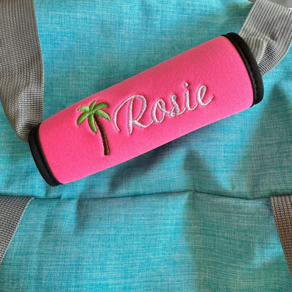 Palm Tree Name Luggage Handle Wrap Personalized and Embroidered, Name Suitcase Tag - White Tulip Embroidery