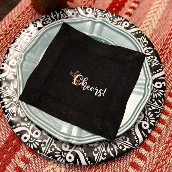 Cheers Embroidered Cloth Cocktail Napkins, Set of 4, Cheers Linen cocktail napkins - White Tulip Embroidery