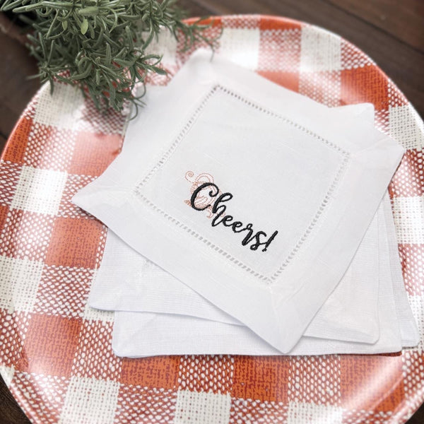 Cheers Embroidered Cloth Cocktail Napkins, Set of 4, Cheers Linen cocktail napkins - White Tulip Embroidery