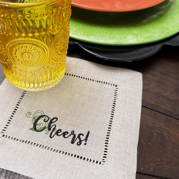 Cheers Embroidered Cloth Cocktail Napkins, Set of 4, Cheers Linen cocktail napkins - White Tulip Embroidery