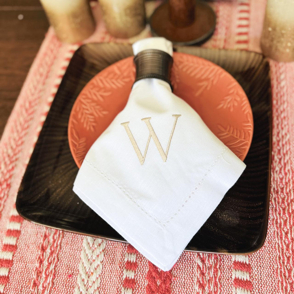 Set of 150 "W" White Hemstitch Cotton Monogrammed napkins with Ecru Thread - White Tulip Embroidery