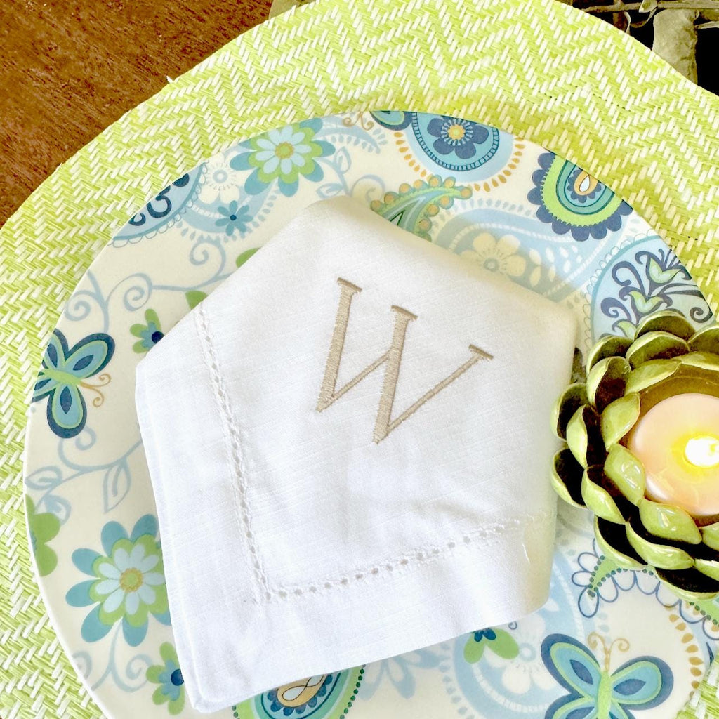 Set of 150 "W" White Hemstitch Cotton Monogrammed napkins with Ecru Thread - White Tulip Embroidery