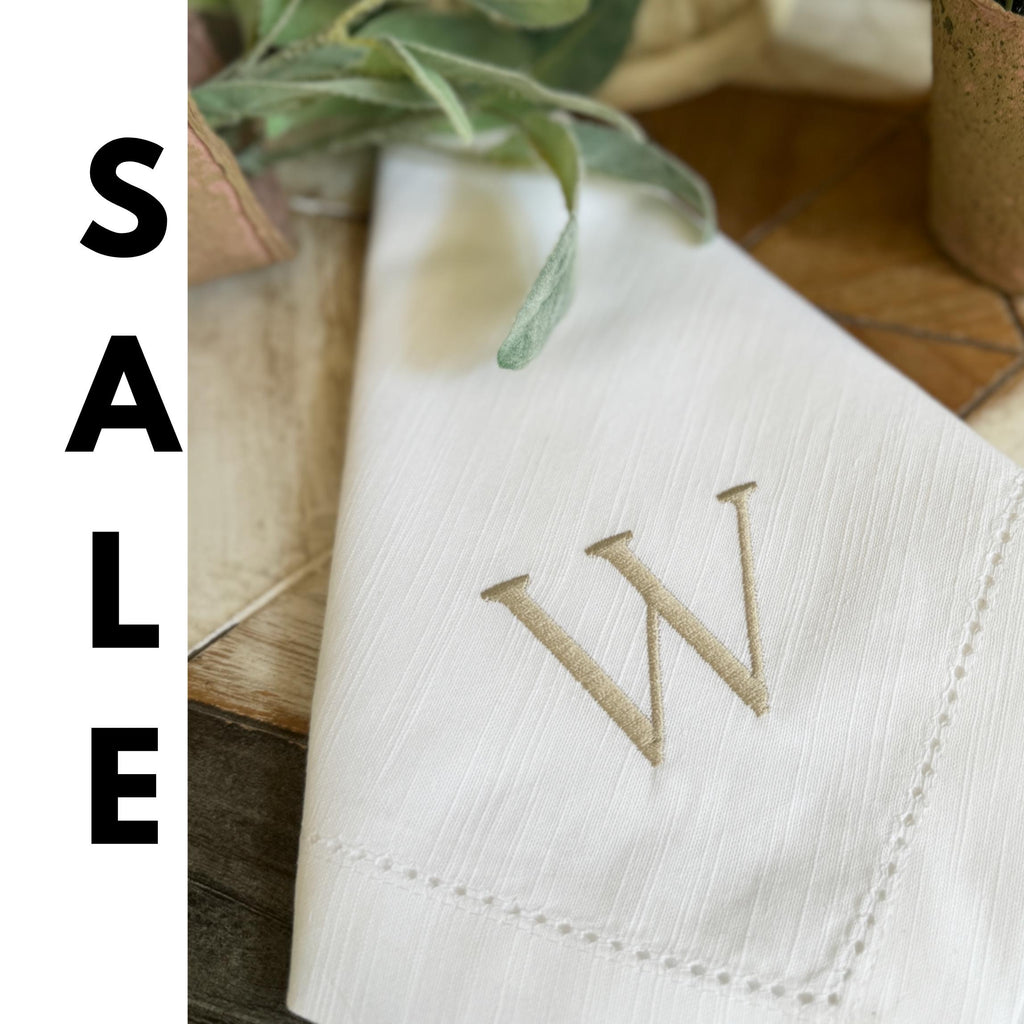 Set of 150 "W" White Hemstitch Cotton Monogrammed napkins with Ecru Thread - White Tulip Embroidery