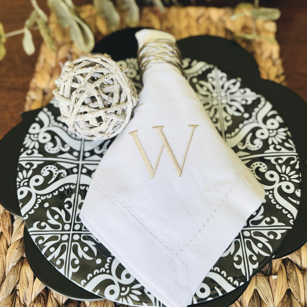 Set of 150 "W" White Hemstitch Cotton Monogrammed napkins with Ecru Thread - White Tulip Embroidery