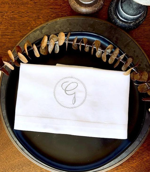 Ink Border Monogrammed Cloth Dinner Napkins - Set of 4 napkins - White Tulip Embroidery