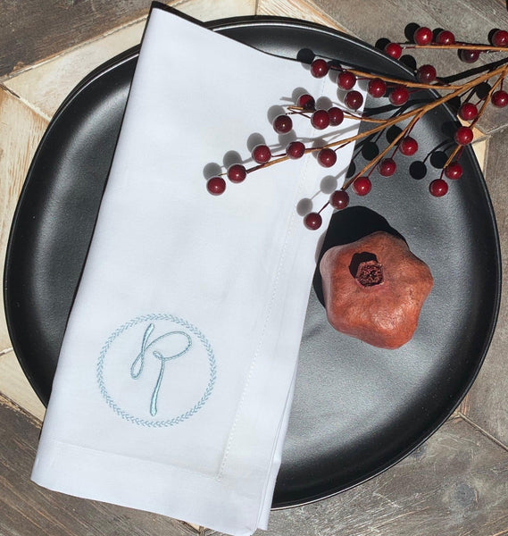 Ink Border Monogrammed Cloth Dinner Napkins - Set of 4 napkins - White Tulip Embroidery