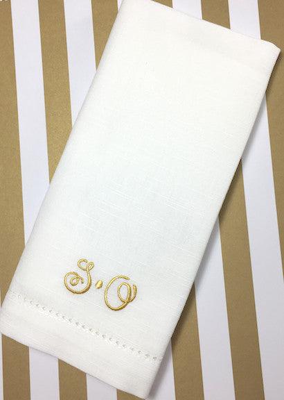 Ink Double Letter Monogrammed Cloth Napkins - Set of 4 Duogram Napkins - White Tulip Embroidery