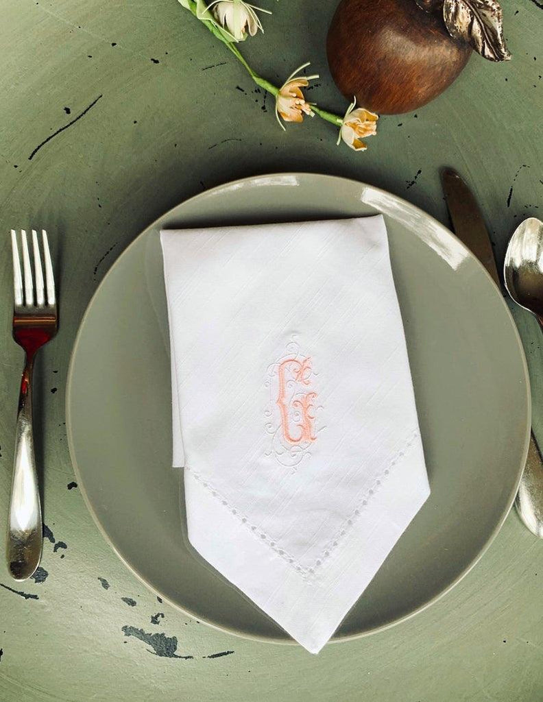 Iron Scroll Monogrammed Embroidered Cloth Napkins - Set of 4 napkins - White Tulip Embroidery