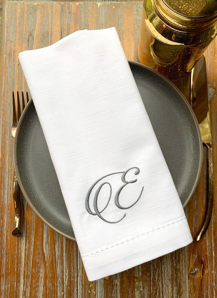 Jane Monogrammed Cloth Dinner Napkins - Set of 4 napkins - White Tulip Embroidery