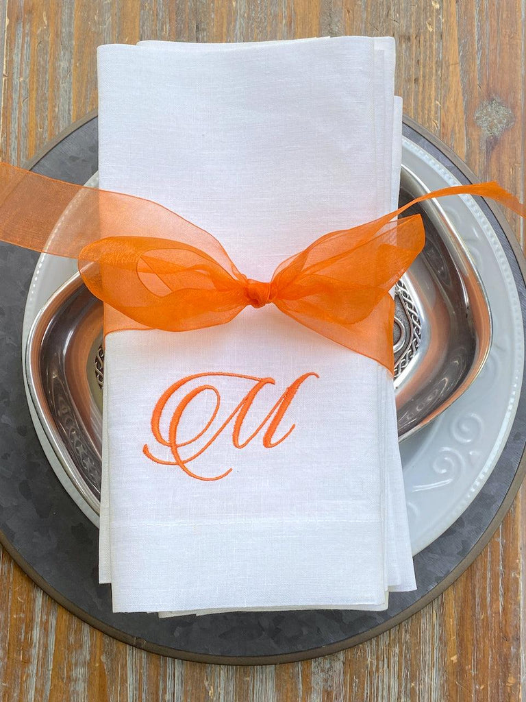 Jane Monogrammed Cloth Dinner Napkins - Set of 4 napkins - White Tulip Embroidery