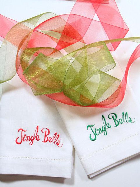 Jingle Bells Christmas Cloth Napkins-Set of 4 napkins - White Tulip Embroidery