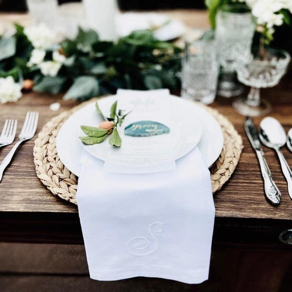 Joy Monogrammed Cloth Dinner Napkins - Set of 4 napkins - White Tulip Embroidery