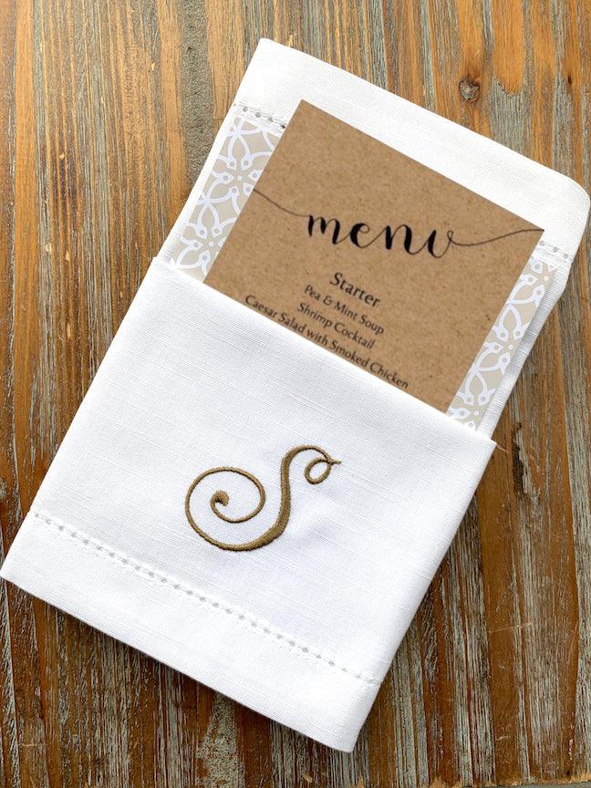 Joy Monogrammed Cloth Dinner Napkins - Set of 4 napkins - White Tulip Embroidery