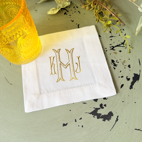 Baroque Three Letter Monogrammed Cocktail Napkins, Set of 4 Monogrammed Cloth Linen Napkin - White Tulip Embroidery