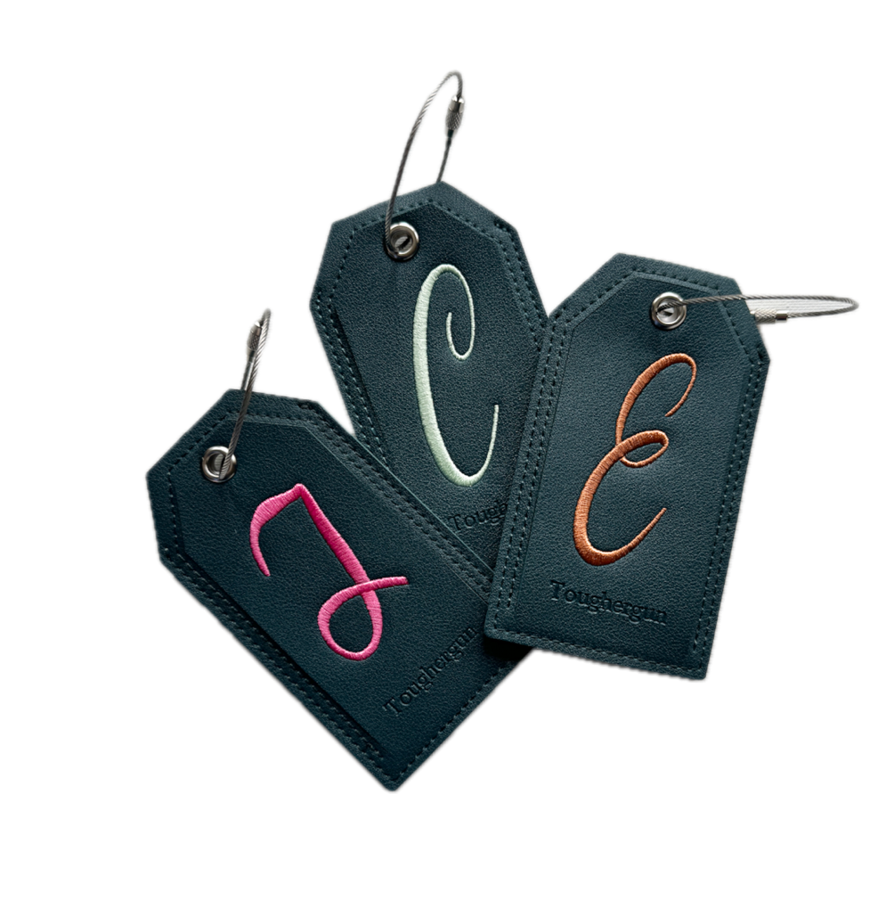 Monogrammed Luggage Tag, Embroidered Vegan Leather with Steel Loop Wire - White Tulip Embroidery