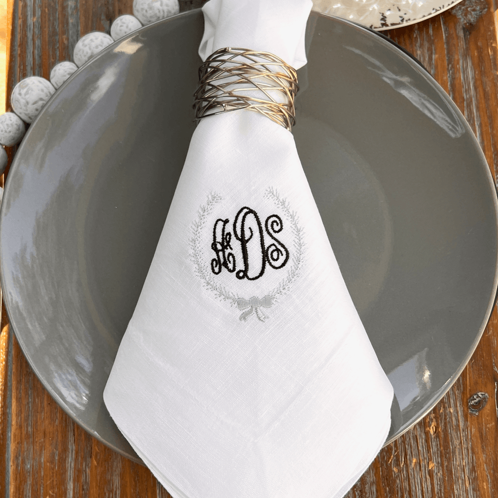 Laurel Bow Monogrammed Embroidered Cloth Napkins - Set of 4 napkins - White Tulip Embroidery