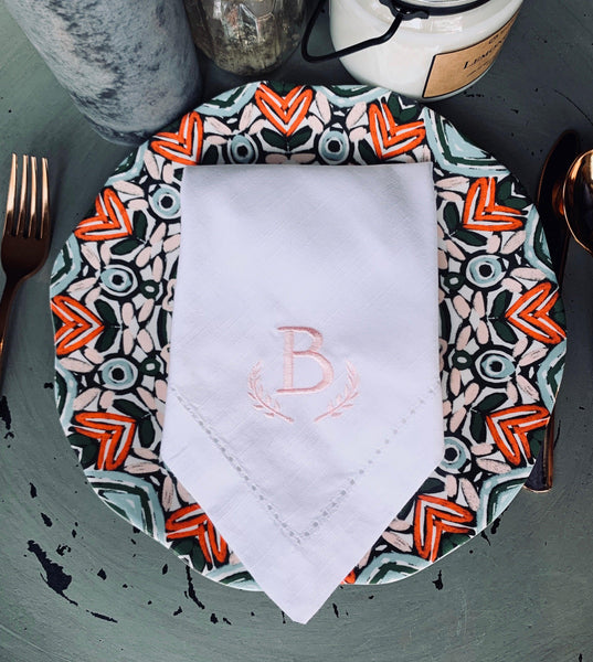 Laurel Leaf Monogrammed Embroidered Cloth Dinner Napkins - White Tulip Embroidery