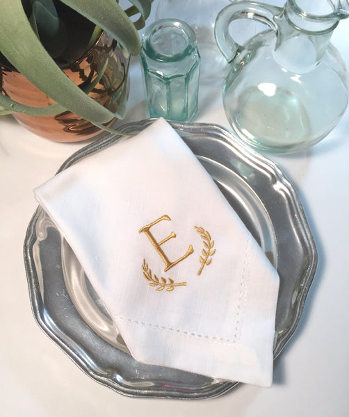 Laurel Leaf Monogrammed Embroidered Cloth Dinner Napkins - White Tulip Embroidery