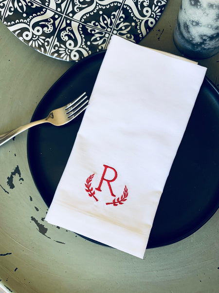 Laurel Leaf Monogrammed Embroidered Cloth Dinner Napkins - White Tulip Embroidery