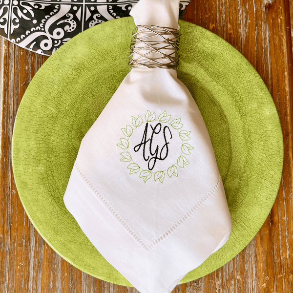 Leaf Wreath Monogrammed Embroidered Cloth Napkins - Set of 4 napkins - White Tulip Embroidery