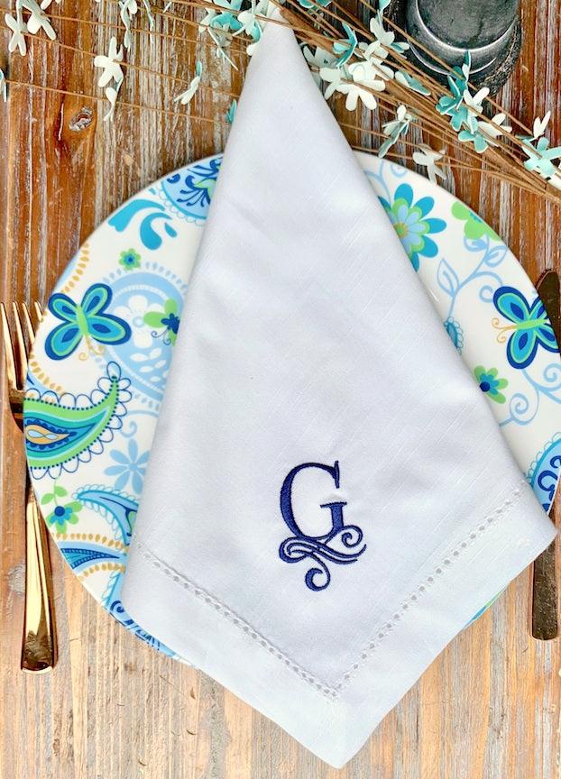 Lily Monogrammed Embroidered Cloth Dinner Napkins - Set of 4 napkins - White Tulip Embroidery