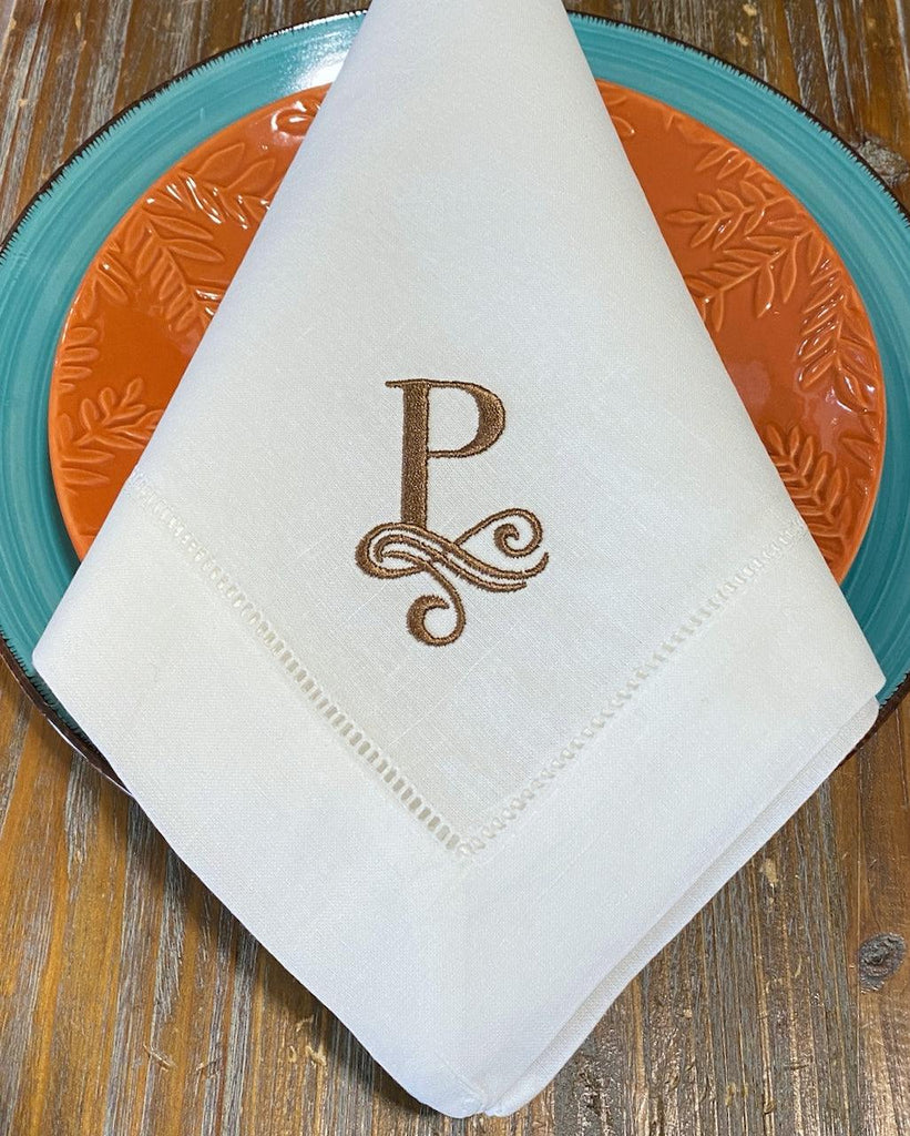 Lily Monogrammed Embroidered Cloth Dinner Napkins - Set of 4 napkins - White Tulip Embroidery