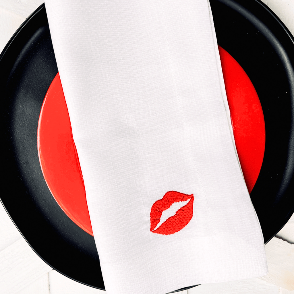 Lips Kiss Valentine's Day Cloth Napkins, Set of 4, Lipstick Napkins - White Tulip Embroidery