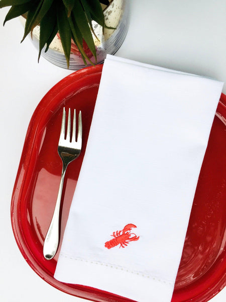 Lobster Embroidered Cloth Napkins - Set of 4 napkins - White Tulip Embroidery
