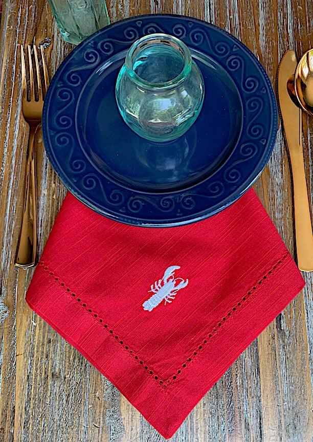 Lobster Embroidered Cloth Napkins - Set of 4 napkins - White Tulip Embroidery
