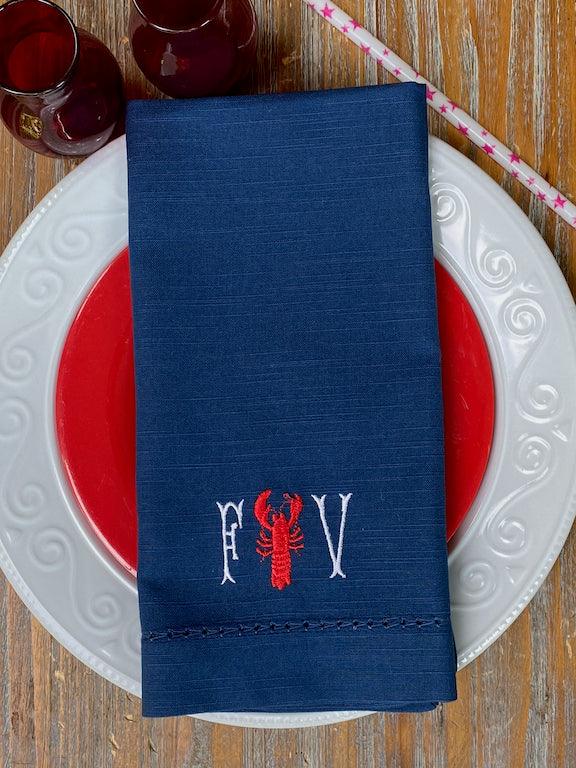 Lobster Monogrammed Cloth Napkins - Set of 4 Duogram Napkins - White Tulip Embroidery