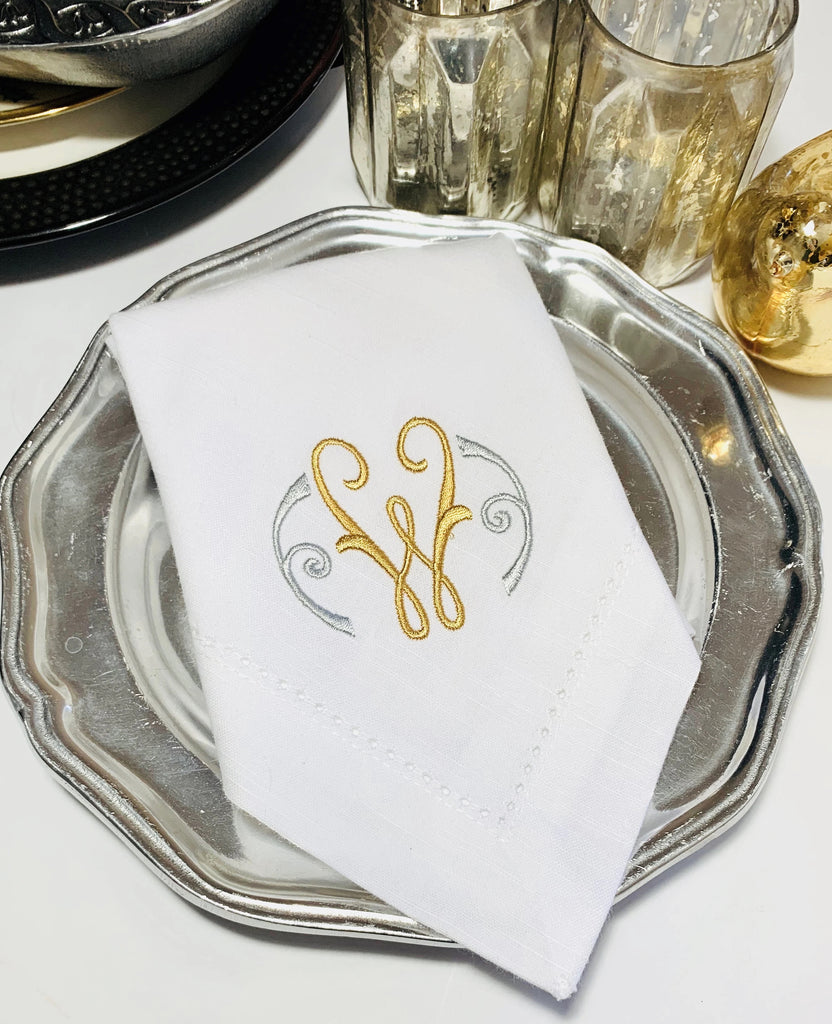 Set of 4 Lori Monogrammed Embroidered Cloth Napkins - White Tulip Embroidery
