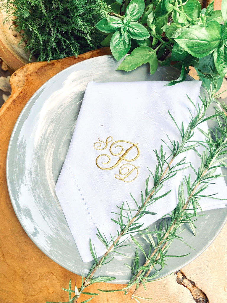 3 Letter Bulk Monogrammed Wedding Napkins, Set of 50, Embroidered Cloth Dinner Napkins - White Tulip Embroidery