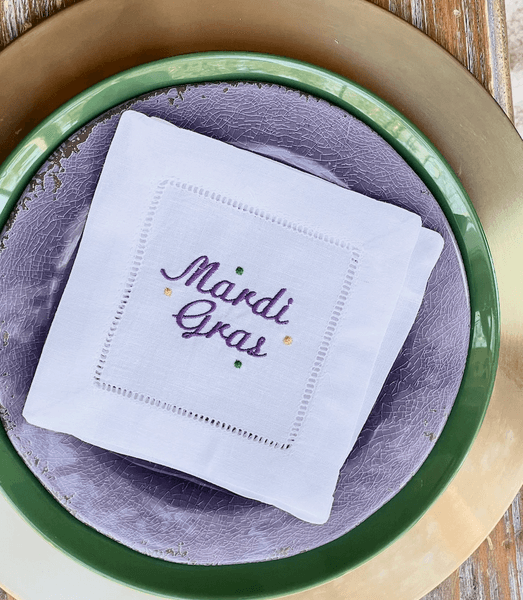 Mardi Gras Cloth Cocktail Napkins, Set of 4, Mardi Gras Linen Cocktail Napkins - White Tulip Embroidery