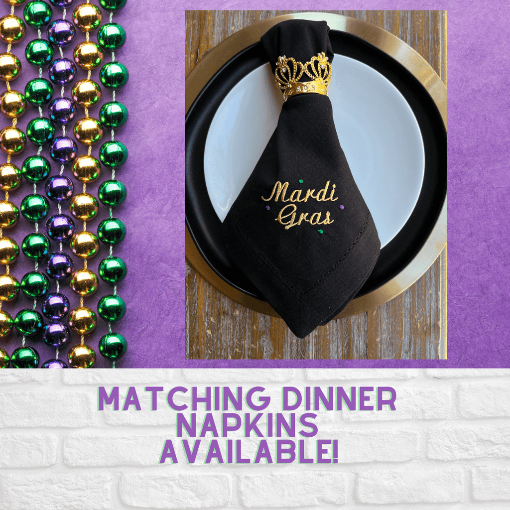 Mardi Gras Cloth Cocktail Napkins, Set of 4, Mardi Gras Linen Cocktail Napkins - White Tulip Embroidery