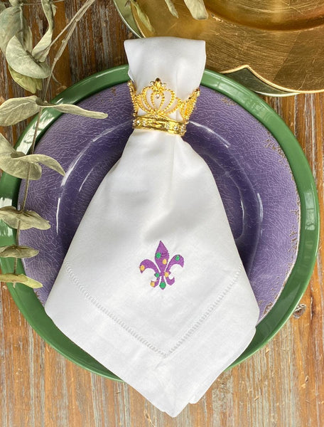 Mardi Gras Fleur De Lis Cloth Napkins - Set of 4 napkins - White Tulip Embroidery