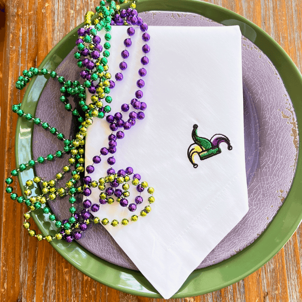 Mardi Gras Jester Hat Monogrammed Cloth Dinner Napkins - Set of 4 napkins - White Tulip Embroidery