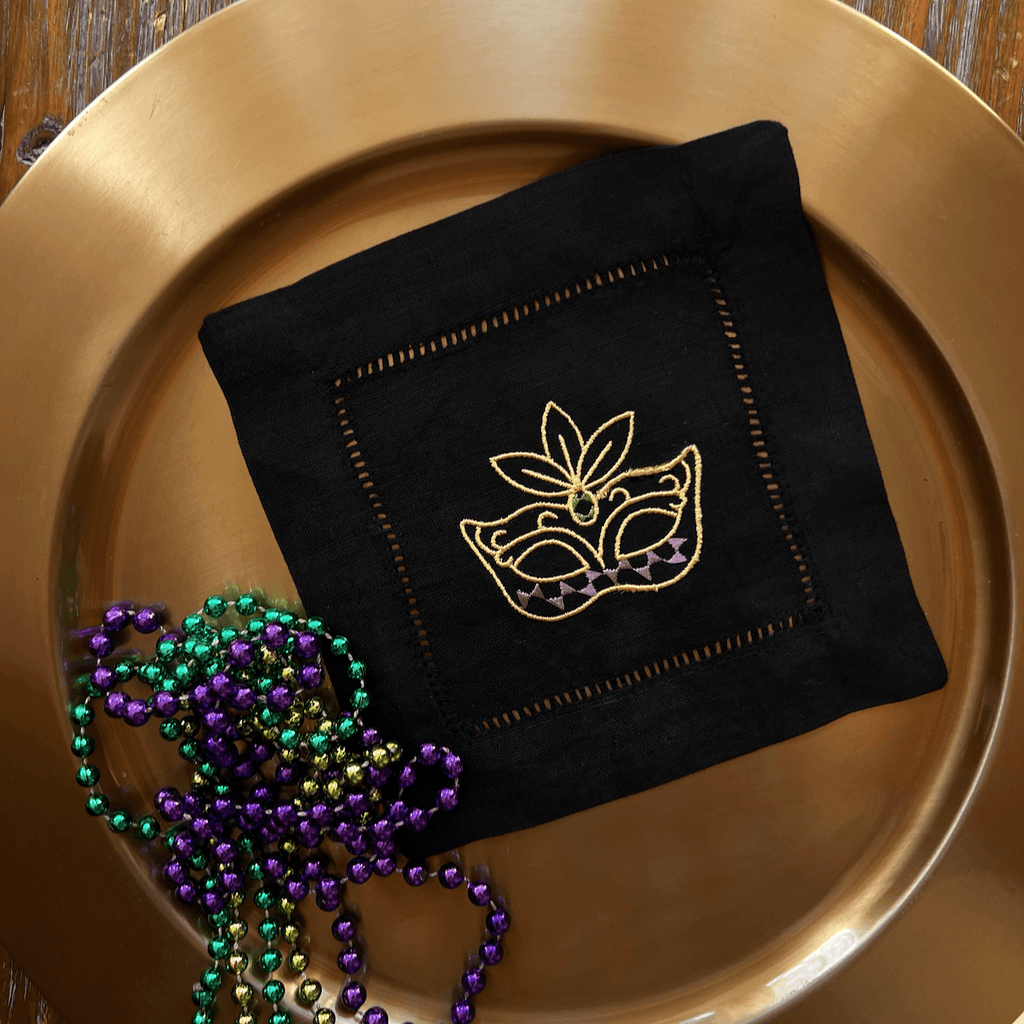 Mardi Gras Mask Cloth Cocktail Napkins, Set of 4 - White Tulip Embroidery
