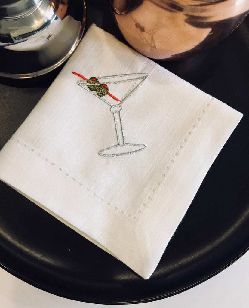 Martini Drink Cloth Napkins - Set of 4 napkins - White Tulip Embroidery