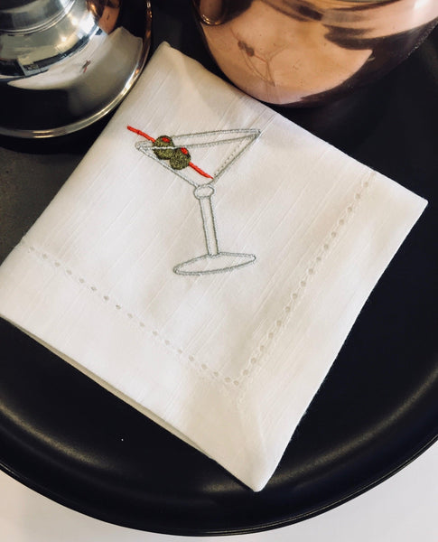 Martini Drink Cloth Napkins - Set of 4 napkins - White Tulip Embroidery