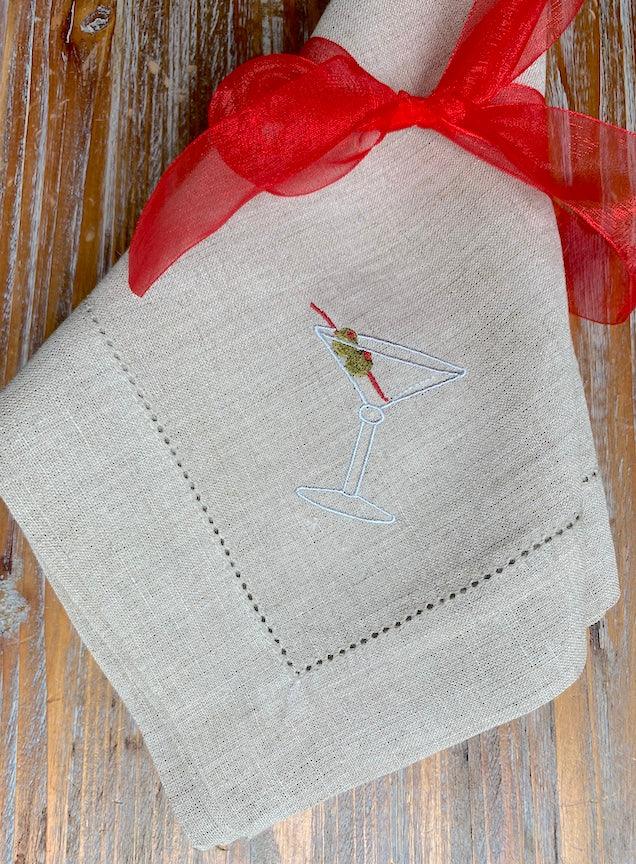 Martini Drink Cloth Napkins - Set of 4 napkins - White Tulip Embroidery