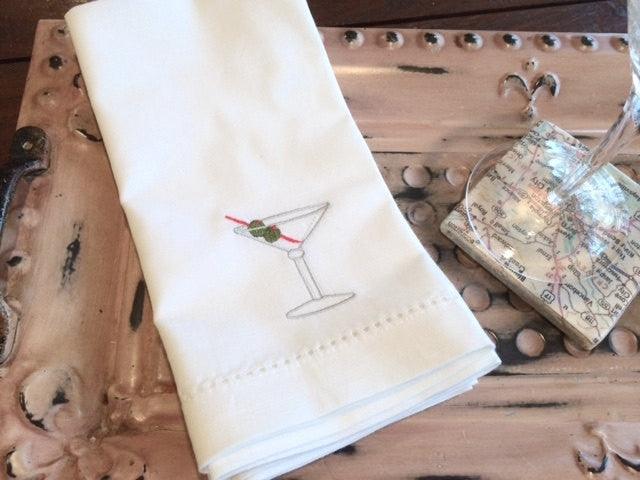 Martini Drink Cloth Napkins - Set of 4 napkins - White Tulip Embroidery