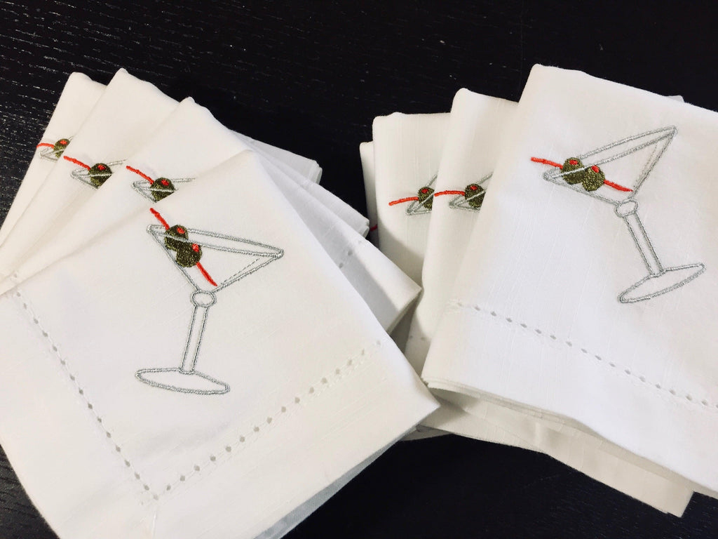 Martini Drink Cloth Napkins - Set of 4 napkins - White Tulip Embroidery