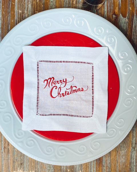 Merry Christmas Cloth Cocktail Napkins, Set of 4 - White Tulip Embroidery