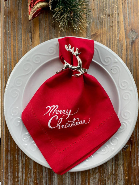 Merry Christmas Cloth Napkins - Set of 4 Christmas napkins - White Tulip Embroidery