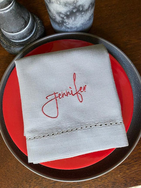 Millie Embroidered Name Napkins, Set of 5 per previous order, Camilla Leo Aris Gabriel Billy - White Tulip Embroidery