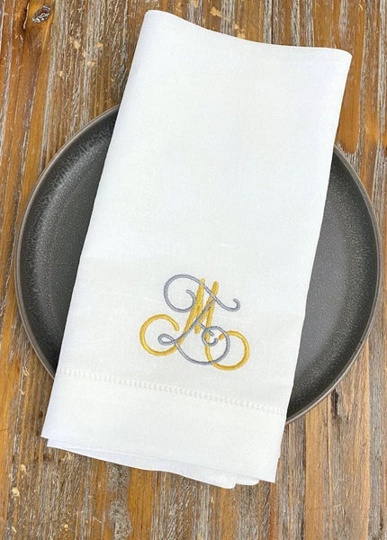Missy Double Initial Monogrammed Cloth Napkins - Set of 4 Duogram Napkins - White Tulip Embroidery