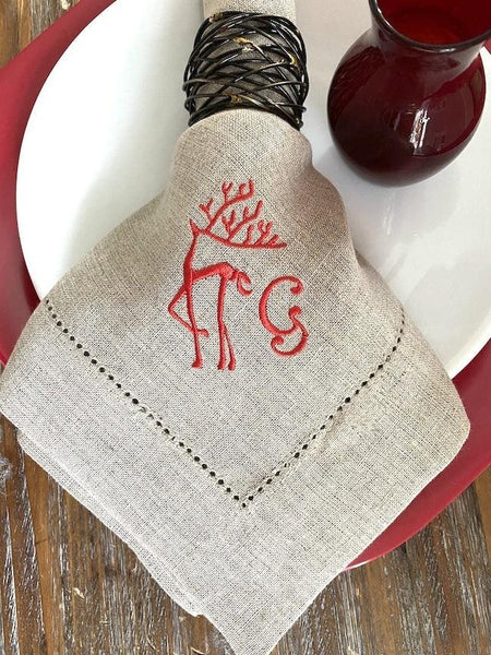 Monogrammed Christmas Reindeer Cloth Napkins-Set of 4 napkins - White Tulip Embroidery