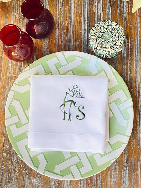 Monogrammed Christmas Reindeer Cloth Napkins-Set of 4 napkins - White Tulip Embroidery