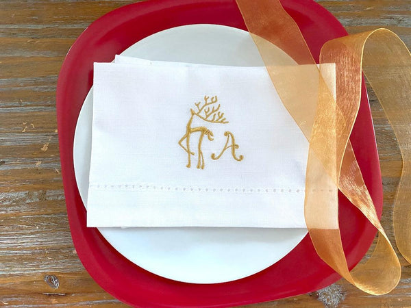Monogrammed Christmas Reindeer Cloth Napkins-Set of 4 napkins - White Tulip Embroidery