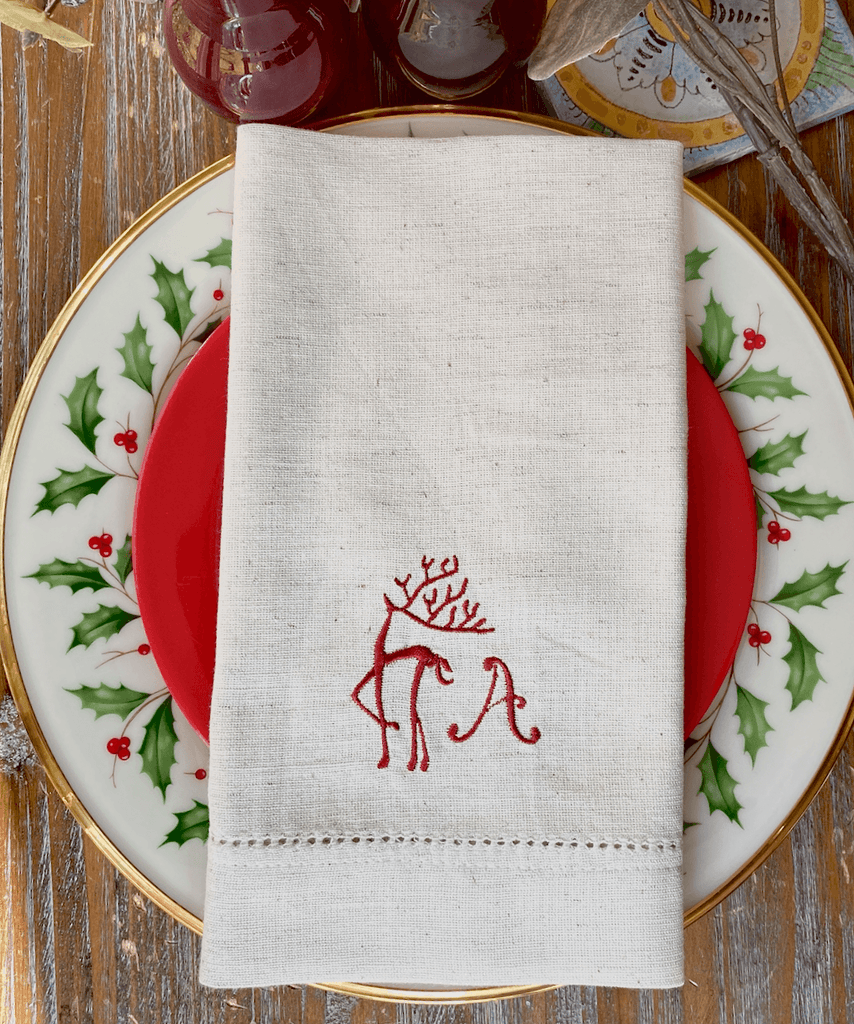 Monogrammed Christmas Reindeer Cloth Napkins-Set of 4 napkins - White Tulip Embroidery